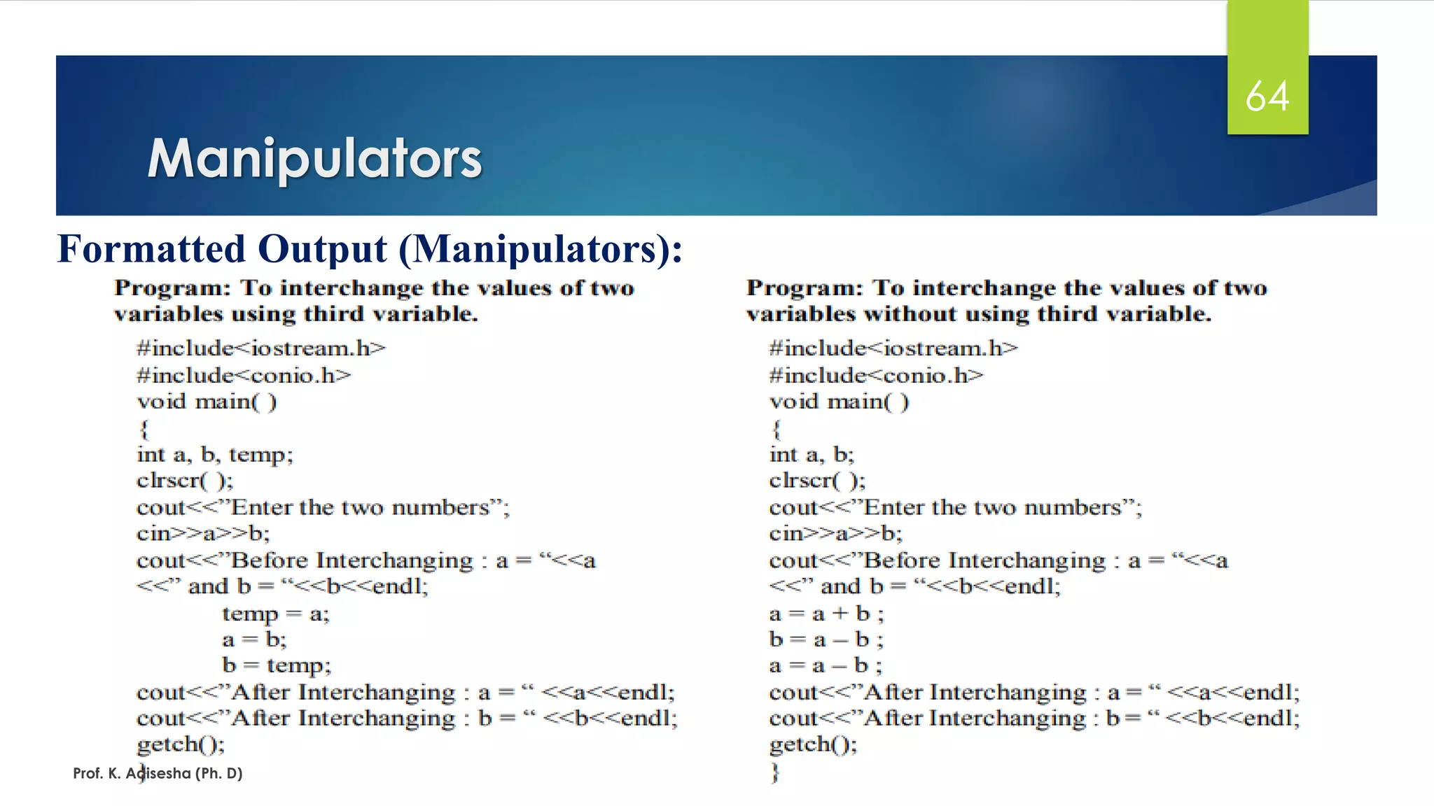 Formatted Output (Manipulators):
Manipulators
Prof. K. Adisesha (Ph. D)
64
 