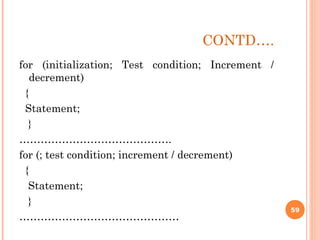 CONTD….
for (initialization; Test condition; Increment /
decrement)
{
Statement;
}
…………………………………….
for (; test condition; increment / decrement)
{
Statement;
}
………………………………………
59
 