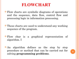 FLOWCHART
 Flow charts are symbolic diagrams of operations
and the sequence, data flow, control flow and
processing logic in information processing.
 These charts are used to understand any working
sequence of the program.
 Flow char is a graphical representation of
algorithm. I
 An algorithm defines as the step by step
procedure or method that can be carried out for
solving programming problems.
9
 