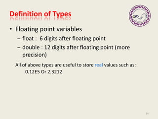 Definition of Types
• Floating point variables
– float : 6 digits after floating point
– double : 12 digits after floating point (more
precision)
All of above types are useful to store real values such as:
0.12E5 Or 2.3212
14
 