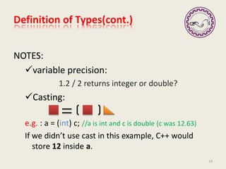 Definition of Types(cont.)
NOTES:
variable precision:
1.2 / 2 returns integer or double?
Casting:
e.g. : a = (int) c; //a is int and c is double (c was 12.63)
If we didn’t use cast in this example, C++ would
store 12 inside a.
19
 