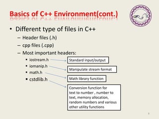 • Different type of files in C++
– Header files (.h)
– cpp files (.cpp)
– Most important headers:
 iostream.h
 iomanip.h
 math.h
 cstdlib.h
Basics of C++ Environment(cont.)
Standard input/output
Manipulate stream format
Math library function
Conversion function for
text to number , number to
text, memory allocation,
random numbers and various
other utility functions
8
 