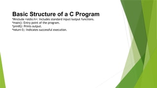 Basic Structure of a C Program
•#include <stdio.h>: Includes standard input/output functions.
•main(): Entry point of the program.
•printf(): Prints output.
•return 0;: Indicates successful execution.
 