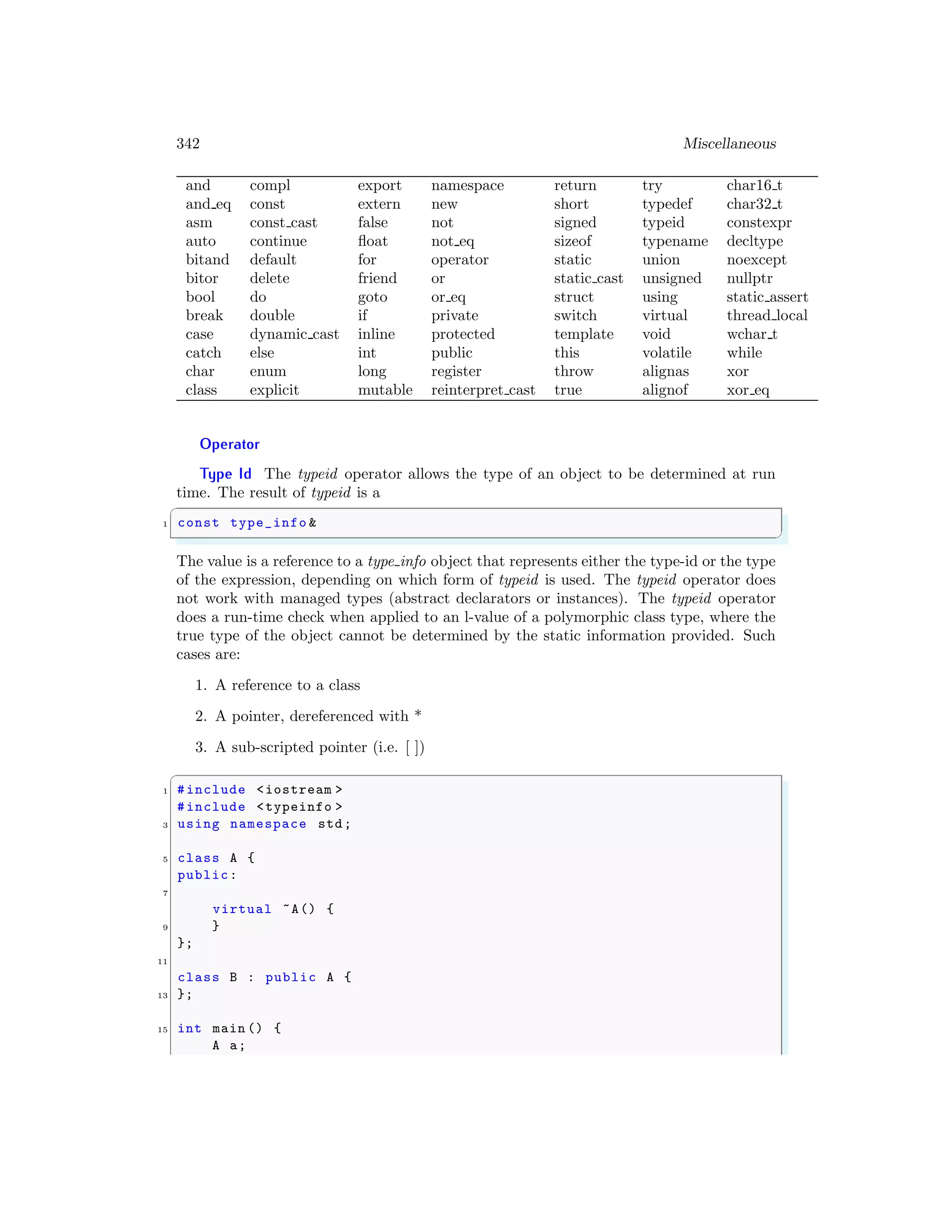 342 Miscellaneous
and compl export namespace return try char16 t
and eq const extern new short typedef char32 t
asm const cast false not signed typeid constexpr
auto continue float not eq sizeof typename decltype
bitand default for operator static union noexcept
bitor delete friend or static cast unsigned nullptr
bool do goto or eq struct using static assert
break double if private switch virtual thread local
case dynamic cast inline protected template void wchar t
catch else int public this volatile while
char enum long register throw alignas xor
class explicit mutable reinterpret cast true alignof xor eq
Operator
Type Id The typeid operator allows the type of an object to be determined at run
time. The result of typeid is a
✞
1 const type_info &
✌
✆
The value is a reference to a type info object that represents either the type-id or the type
of the expression, depending on which form of typeid is used. The typeid operator does
not work with managed types (abstract declarators or instances). The typeid operator
does a run-time check when applied to an l-value of a polymorphic class type, where the
true type of the object cannot be determined by the static information provided. Such
cases are:
1. A reference to a class
2. A pointer, dereferenced with *
3. A sub-scripted pointer (i.e. [ ])
✞
1 #include <iostream >
#include <typeinfo >
3 using namespace std;
5 class A {
public:
7
virtual ~A() {
9 }
};
11
class B : public A {
13 };
15 int main () {
A a;
 