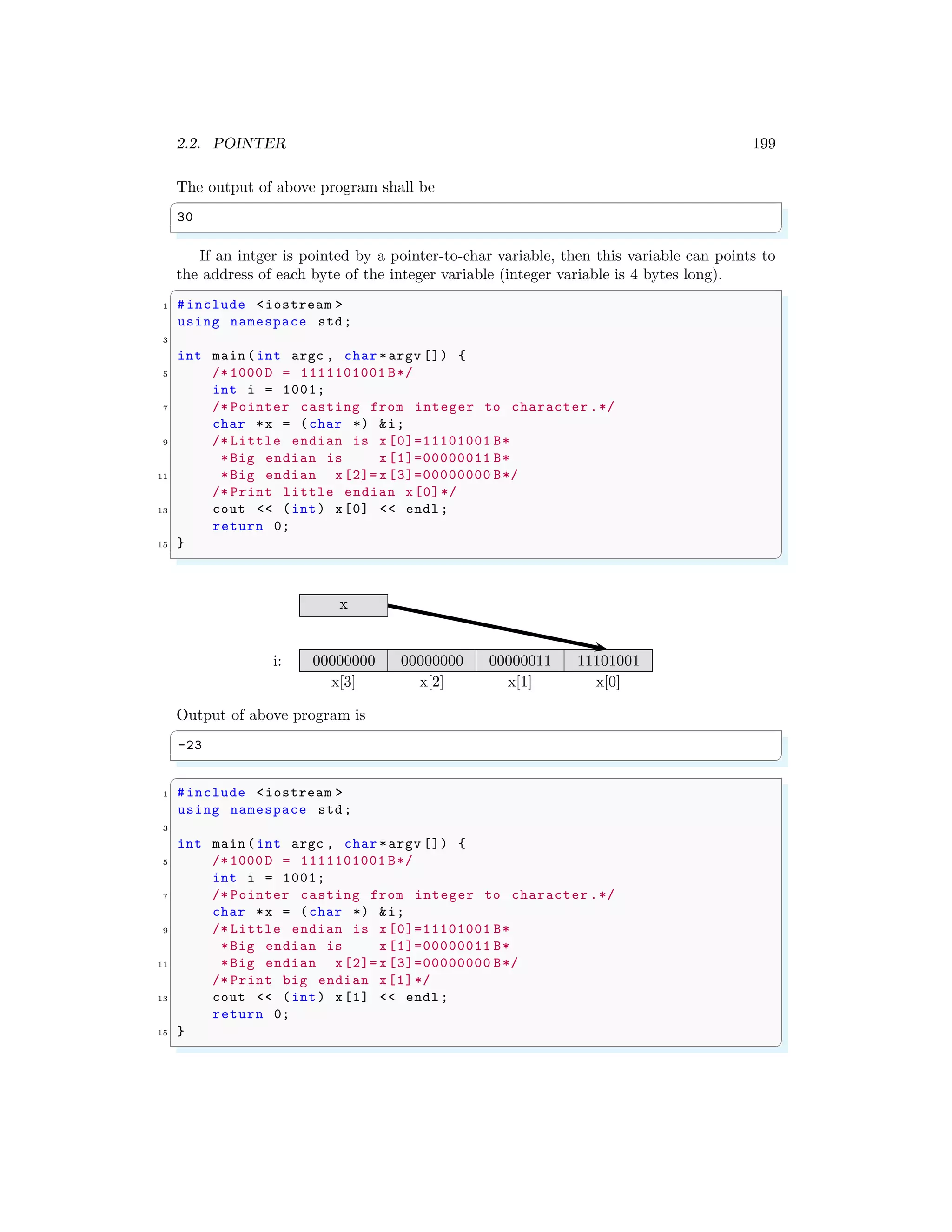 2.2. POINTER 199
The output of above program shall be
✞
30
✌
✆
If an intger is pointed by a pointer-to-char variable, then this variable can points to
the address of each byte of the integer variable (integer variable is 4 bytes long).
✞
1 #include <iostream >
using namespace std;
3
int main (int argc , char *argv []) {
5 /* 1000 D = 1111101001 B*/
int i = 1001;
7 /* Pointer casting from integer to character .*/
char *x = (char *) &i;
9 /* Little endian is x[0]=11101001 B*
*Big endian is x[1]=00000011 B*
11 *Big endian x[2]= x[3]=00000000 B*/
/* Print little endian x[0]*/
13 cout << (int) x[0] << endl ;
return 0;
15 }
✌
✆
x[3] x[2] x[1] x[0]
i:
x
00000000 00000000 00000011 11101001
Output of above program is
✞
-23
✌
✆
✞
1 #include <iostream >
using namespace std;
3
int main (int argc , char *argv []) {
5 /* 1000 D = 1111101001 B*/
int i = 1001;
7 /* Pointer casting from integer to character .*/
char *x = (char *) &i;
9 /* Little endian is x[0]=11101001 B*
*Big endian is x[1]=00000011 B*
11 *Big endian x[2]= x[3]=00000000 B*/
/* Print big endian x[1]*/
13 cout << (int) x[1] << endl ;
return 0;
15 }
✌
✆
 