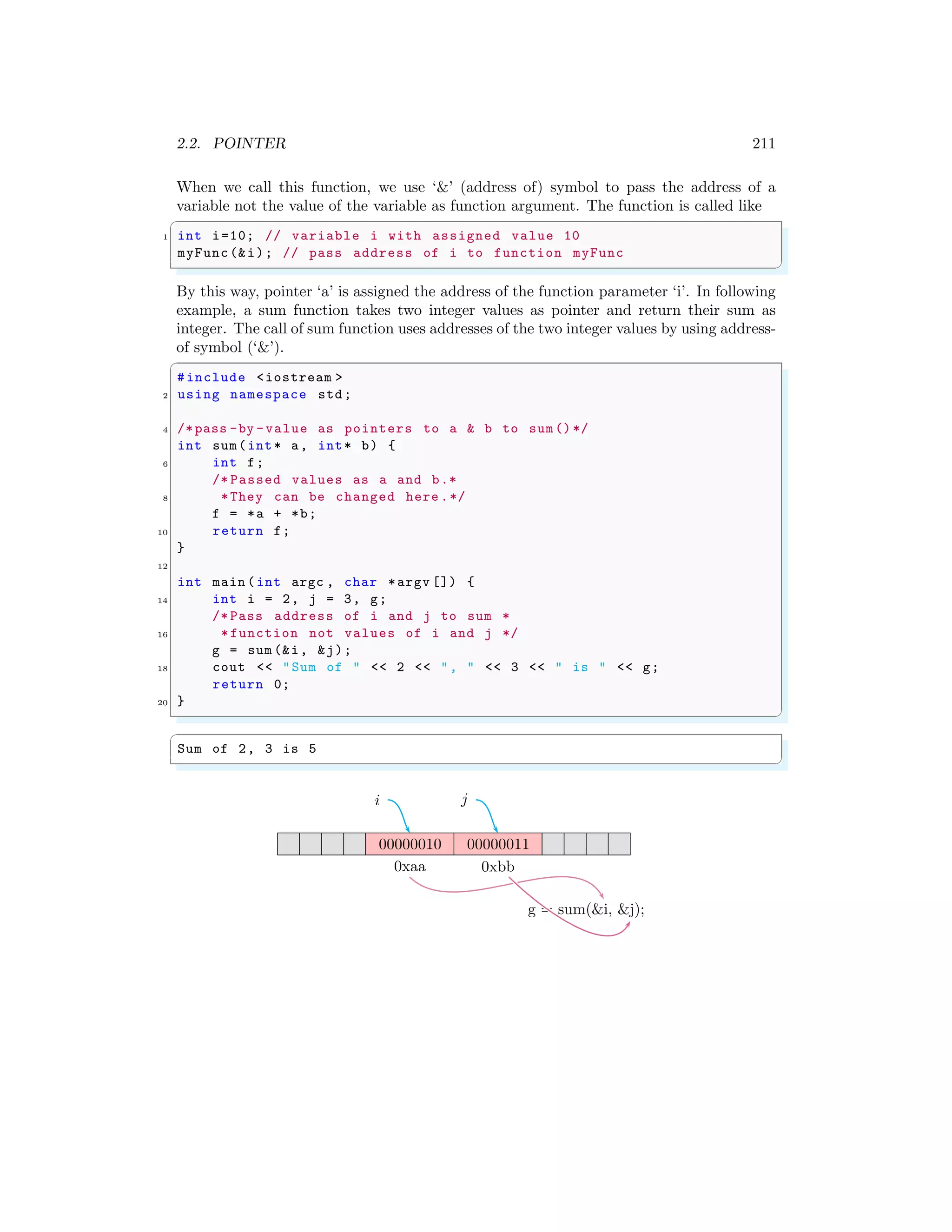 2.2. POINTER 211
When we call this function, we use ‘&’ (address of) symbol to pass the address of a
variable not the value of the variable as function argument. The function is called like
✞
1 int i=10; // variable i with assigned value 10
myFunc(&i); // pass address of i to function myFunc
✌
✆
By this way, pointer ‘a’ is assigned the address of the function parameter ‘i’. In following
example, a sum function takes two integer values as pointer and return their sum as
integer. The call of sum function uses addresses of the two integer values by using address-
of symbol (‘&’).
✞
#include <iostream >
2 using namespace std;
4 /*pass -by -value as pointers to a & b to sum()*/
int sum(int* a, int* b) {
6 int f;
/* Passed values as a and b.*
8 *They can be changed here .*/
f = *a + *b;
10 return f;
}
12
int main (int argc , char *argv []) {
14 int i = 2, j = 3, g;
/* Pass address of i and j to sum *
16 *function not values of i and j */
g = sum (&i, &j);
18 cout << "Sum of " << 2 << ", " << 3 << " is " << g;
return 0;
20 }
✌
✆
✞
Sum of 2, 3 is 5
✌
✆
00000010 00000011
0xaa 0xbb
i j
g = sum(&i, &j);
 