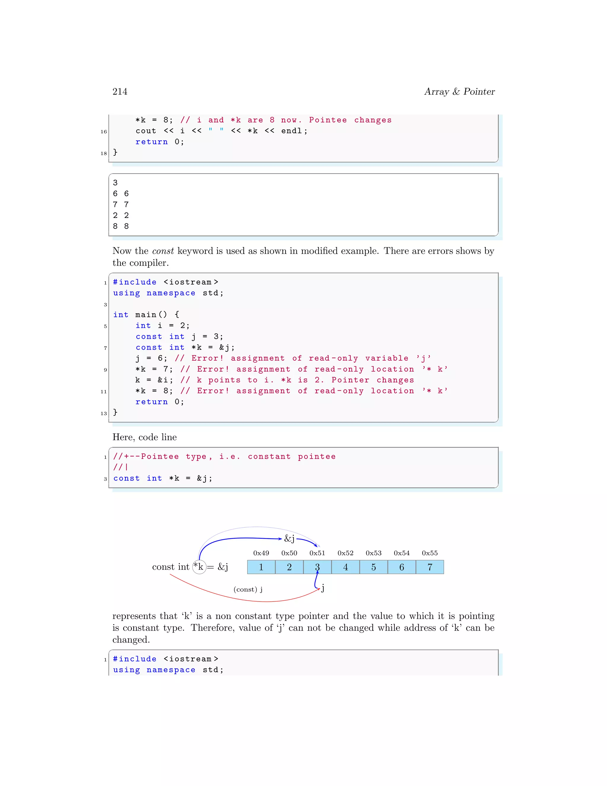 214 Array & Pointer
*k = 8; // i and *k are 8 now. Pointee changes
16 cout << i << " " << *k << endl ;
return 0;
18 }
✌
✆
✞
3
6 6
7 7
2 2
8 8
✌
✆
Now the const keyword is used as shown in modified example. There are errors shows by
the compiler.
✞
1 #include <iostream >
using namespace std;
3
int main () {
5 int i = 2;
const int j = 3;
7 const int *k = &j;
j = 6; // Error! assignment of read -only variable ’j’
9 *k = 7; // Error! assignment of read -only location ’* k’
k = &i; // k points to i. *k is 2. Pointer changes
11 *k = 8; // Error! assignment of read -only location ’* k’
return 0;
13 }
✌
✆
Here, code line
✞
1 //+--Pointee type , i.e. constant pointee
//|
3 const int *k = &j;
✌
✆
1
0x49
2
0x50
3
0x51
4
0x52
5
0x53
6
0x54
7
0x55
const int *k = &j
j
&j
(const) j
represents that ‘k’ is a non constant type pointer and the value to which it is pointing
is constant type. Therefore, value of ‘j’ can not be changed while address of ‘k’ can be
changed.
✞
1 #include <iostream >
using namespace std;
 