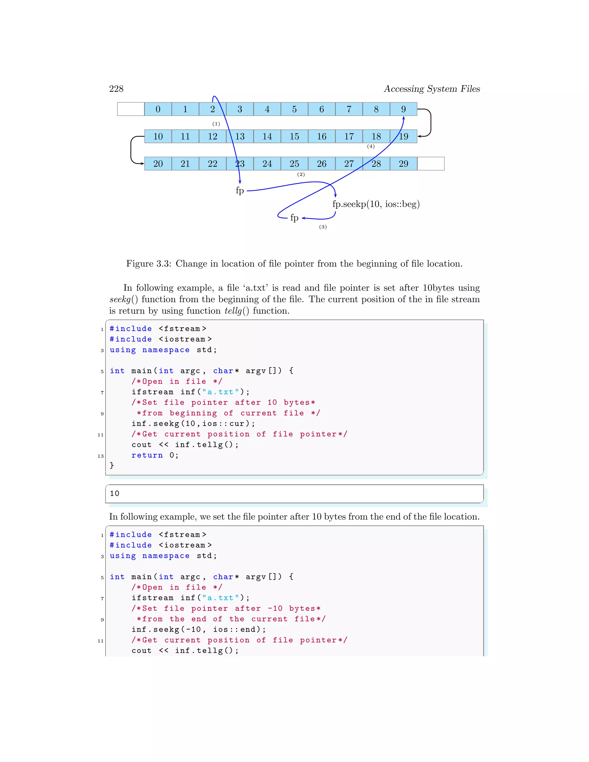 228 Accessing System Files
0 1 2 3 4 5 6 7 8 9
10 11 12 13 14 15 16 17 18 19
20 21 22 23 24 25 26 27 28 29
(1)
fp
(2)
fp.seekp(10, ios::beg)
(3)
fp
(4)
Figure 3.3: Change in location of file pointer from the beginning of file location.
In following example, a file ‘a.txt’ is read and file pointer is set after 10bytes using
seekg() function from the beginning of the file. The current position of the in file stream
is return by using function tellg() function.
✞
1 #include <fstream >
#include <iostream >
3 using namespace std;
5 int main (int argc , char * argv []) {
/* Open in file */
7 ifstream inf("a.txt");
/* Set file pointer after 10 bytes*
9 *from beginning of current file */
inf.seekg(10, ios:: cur);
11 /* Get current position of file pointer */
cout << inf.tellg();
13 return 0;
}
✌
✆
✞
10
✌
✆
In following example, we set the file pointer after 10 bytes from the end of the file location.
✞
1 #include <fstream >
#include <iostream >
3 using namespace std;
5 int main (int argc , char * argv []) {
/* Open in file */
7 ifstream inf("a.txt");
/* Set file pointer after -10 bytes*
9 *from the end of the current file */
inf.seekg(-10, ios:: end);
11 /* Get current position of file pointer */
cout << inf.tellg();
 