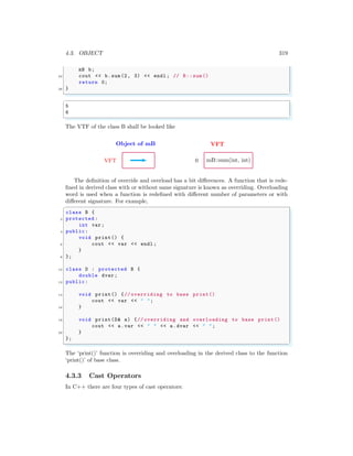 4.3. OBJECT 319
mB b;
24 cout << b.sum(2, 3) << endl ; // B:: sum()
return 0;
26 }
✌
✆
✞
5
6
✌
✆
The VTF of the class B shall be looked like
Object of mB
VFT
VFT
mB::sum(int, int)
0
The definition of override and overload has a bit differences. A function that is rede-
fined in derived class with or without same signature is known as overriding. Overloading
word is used when a function is redefined with different number of parameters or with
different signature. For example,
✞
class B {
2 protected :
int var;
4 public:
void print() {
6 cout << var << endl ;
}
8 };
10 class D : protected B {
double dvar ;
12 public:
14 void print() {// overriding to base print()
cout << var << " ";
16 }
18 void print(D& a) {// overriding and overloading to base print()
cout << a.var << " " << a.dvar << " ";
20 }
};
✌
✆
The ‘print()’ function is overriding and overloading in the derived class to the function
‘print()’ of base class.
4.3.3 Cast Operators
In C++ there are four types of cast operators:
 