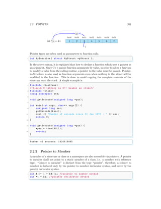 2.2. POINTER 201
1
0x49
2
0x50
3
0x51
4
0x52
5
0x53
6
0x54
7
0x55
int *p = &i
i
&i
Pointer types are often used as parameters to function calls.
✞
1 int MyFunction ( struct MyStruct *pStruct );
✌
✆
In the above syntax, it is explained that how to declare a function which uses a pointer as
an argument. Since C++ passes function arguments by value, in order to allow a function
to modify a value from the calling routine, a pointer to the value must be passed. Pointer-
to-Structure is also used as function arguments even when nothing in the struct will be
modified in the function. This is done to avoid copying the complete contents of the
structure onto the stack. A simple example is
✞
1 #include <iostream >
/* time .h C library in C++ header as ctime*/
3 #include <ctime >
using namespace std;
5
void getSeconds (unsigned long *par);
7
int main (int argc , char ** argv []) {
9 unsigned long sec;
getSeconds (& sec);
11 cout << "Number of seconds since 01 Jan 1970 : " << sec;
return 0;
13 }
15 void getSeconds (unsigned long *par) {
*par = time (NULL );
17 return;
}
✌
✆
✞
Number of seconds: 1420616845
✌
✆
2.2.2 Pointer to Member
A member of a structure or class or a namespace are also accessible via pointers. A pointer
to member shall not point to a static member of a class, i.e. a member with reference
type. “pointer to member” is distinct from the type “pointer”, therefore, a pointer to
member is declared only by the pointer to member declarator syntax, and never by the
pointer declarator syntax.
✞
1 int X::* i = &X::a; // pointer to member method
int *i = &a; // pointer declarator method
✌
✆
 