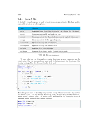 222 Accessing System Files
3.2.1 Open A File
A file in C++ can be opened in read, write, truncate or append mode. The flags used to
open a file are given in following table.
Flags Meaning
ios::in Opens an input file without truncating the existing file. (ifstream)
ios::ate Opens an existing file and seeks the end.
ios::out Opens an output file. By default, ios::trunc is implied. (ofstream)
ios::app Opens an output file for appending data.
ios::nocreate Opens a file only if it already exists.
ios::noreplace Opens a file only if it does not exist.
ios::trunc Opens a file in truncate mode.
ios::binary Opens a file in binary mode. Default is text mode.
Table 3.1: File opening mode.
To open a file, one can either call open on the file stream or, more commonly, use the
constructor. One can also supply an open mode to further control the file stream. For
reading-writing of the file, ‘fstream’ header file is used.
✞
1 #include <fstream >
using namespace std;
3
int main (int argc , char *argv []) {
5 ofstream file1;
7 file1.open ("file1.txt", ios:: app);
file1 << "Appended data .n";
9
ofstream file2("file2.txt");
11 file2 << "Replace data .n";
13 return 0;
}
✌
✆
Each file opened must be closed by using function close(). On unsuccessful, a flag is set in
the stream object. The flag status is checked by good(), bad() or fail() member functions,
which return a boolean value. The stream object doesn’t throw any exceptions in such a
situation, hence manual status check is required.
✞
#include <iostream >
2 #include <fstream >
using namespace std;
4
 