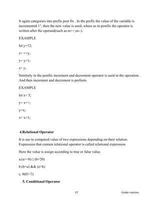 It again categories into prefix post fix . In the prefix the value of the variable is
incremented 1st
, then the new value is used, where as in postfix the operator is
written after the operand(such as m++,m--).
EXAMPLE
let y=12;
z= ++y;
y= y+1;
z= y;
Similarly in the postfix increment and decrement operator is used in the operation .
And then increment and decrement is perform.
EXAMPLE
let x= 5;
y= x++;
y=x;
x= x+1;
4.Relational Operator
It is use to compared value of two expressions depending on their relation.
Expression that contain relational operator is called relational expression.
Here the value is assign according to true or false value.
a.(a>=b) || (b>20)
b.(b>a) && (e>b)
c. 0(b!=7)
5. Conditional Operator
27 *Under revision
 