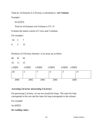 Total no. of elements in 2-D array is calculated as row*column
Example:-
int a[2][3];
Total no of elements=row*column is 2*3 =6
It means the matrix consist of 2 rows and 3 columns
For example:-
20 2 7
8 3 15
Positions of 2-D array elements in an array are as below
00 01 02
10 11 12
a [0][0] a [0][0] a [0][0] a [0][0] a [0][0] a [0][0]
20 2 7 8 3 15
2000 2002 2004 2006 2008
Accessing 2-d array /processing 2-d arrays
For processing 2-d array, we use two nested for loops. The outer for loop
corresponds to the row and the inner for loop corresponds to the column.
For example
int a[4][5];
for reading value:-
53 *Under revision
 