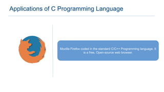Applications of C Programming Language
Mozilla Firefox coded in the standard C/C++ Programming language. It
is a free, Open-source web browser.
 