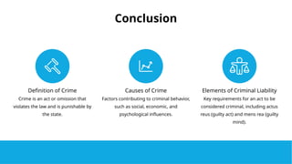 Conclusion
Definition of Crime
Crime is an act or omission that
violates the law and is punishable by
the state.
Causes of Crime
Factors contributing to criminal behavior,
such as social, economic, and
psychological influences.
Elements of Criminal Liability
Key requirements for an act to be
considered criminal, including actus
reus (guilty act) and mens rea (guilty
mind).
 