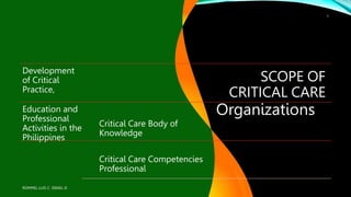 SCOPE OF
CRITICAL CARE
Development
of Critical
Practice,
Education and
Professional
Activities in the
Philippines
Critical Care Body of
Knowledge
Critical Care Competencies
Professional
Organizations
ROMMEL LUIS C. ISRAEL III
1
 