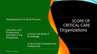 SCOPE OF
CRITICAL CARE
Development of Critical Practice,
Education and
Professional
Activities in the
Philippines
Critical Care Body of
Knowledge
Critical Care Competencies
Professional
Organizations
ROMMEL LUIS C. ISRAEL III
1
 