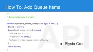 How To. Add Queue Items 
/** 
* Implements hook_cronapi(). 
*/ 
function mymodule_queue_cronapi($op, $job = NULL) { 
$items = array(); 
$items['add_queue_items'] = array( 
'rule' => '0 5 * * *', 
'arguments' => array(), 
API 
'callback' => 'add_queue_items_callback', 
); 
● Elysia Cron 
return $items; 
} 
 