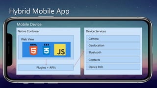 Hybrid Mobile App
Mobile Device
Device Services
Camera
Geolocation
Bluetooth
Contacts
Device Info
Native Container
Web View
Plugins + API's
 