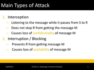 Main Types of Attack
1. Interception
  – Listening to the message while it passes from S to R
  – Does not stop R from getting the message M
  – Causes loss of confidentiality of message M
2. Interruption / Blocking
  – Prevents R from getting message M
  – Causes loss of availability of message M



 10/29/2012       © 2012, C.J. Dedduwage, University of Colombo   5
 