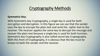 Cryptography Methods
Symmetric Key:
With Symmetric key Cryptography, a single key is used for both
encryption and decryption. In this figure we can see that the sender
uses the key to encrypt the plain text and send the cipher text to the
receiver. The receiver applies the same key to decrypt the message and
recover the plain text because a single key is used for both function.
Symmetric key Cryptography is also called secret key Cryptography.
With this from of Cryptography, it is obvious that the key must be
known to both the sender and the receiver.
 