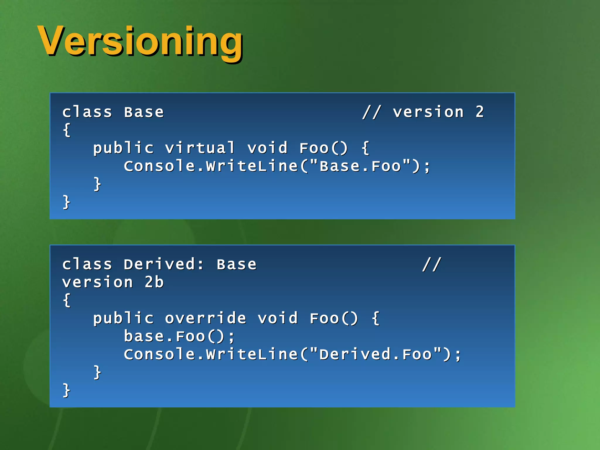 Versioning class Derived: Base // version 1 { public virtual void Foo() { Console.WriteLine(&quot;Derived.Foo&quot;);  } } class Derived: Base // version 2a { new public virtual void Foo() { Console.WriteLine(&quot;Derived.Foo&quot;);  } } class Derived: Base // version 2b { public override void Foo() { base.Foo(); Console.WriteLine(&quot;Derived.Foo&quot;);  } } class Base // version 1 { } class Base  // version 2  { public virtual void Foo() { Console.WriteLine(&quot;Base.Foo&quot;);  } } 
