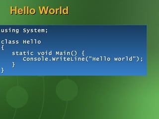 Hello World
using System;

class Hello
{
   static void Main() {
      Console.WriteLine("Hello world");
   }
}
 