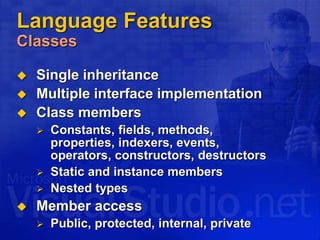 Language Features
Classes
 Single inheritance
 Multiple interface implementation
 Class members
 Constants, fields, methods,
properties, indexers, events,
operators, constructors, destructors
 Static and instance members
 Nested types
 Member access
 Public, protected, internal, private
 