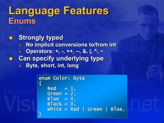 Language Features
Enums
 Strongly typed
 No implicit conversions to/from int
 Operators: +, -, ++, --, &, |, ^, ~
 Can specify underlying type
 Byte, short, int, long
enum Color: byte
{
Red = 1,
Green = 2,
Blue = 4,
Black = 0,
White = Red | Green | Blue,
}
 