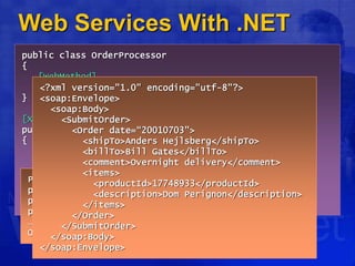 Web Services With .NET
public class OrderProcessor
{
public void SubmitOrder(PurchaseOrder order) {...}
}
public class PurchaseOrder
{
public string ShipTo;
public string BillTo;
public string Comment;
public Item[] Items;
public DateTime OrderDate;
}
public class OrderProcessor
{
[WebMethod]
public void SubmitOrder(PurchaseOrder order) {...}
}
[XmlRoot("Order", Namespace="urn:acme.b2b-schema.v1")]
public class PurchaseOrder
{
[XmlElement("shipTo")] public string ShipTo;
[XmlElement("billTo")] public string BillTo;
[XmlElement("comment")] public string Comment;
[XmlElement("items")] public Item[] Items;
[XmlAttribute("date")] public DateTime OrderDate;
}
PurchaseOrder po = new PurchaseOrder();
po.ShipTo = “Anders Hejlsberg";
po.BillTo = “Bill Gates";
po.OrderDate = DateTime.Today;
…
OrderProcessor.SubmitOrder(po);
<?xml version="1.0" encoding="utf-8"?>
<soap:Envelope>
<soap:Body>
<SubmitOrder>
<Order date=“20010703">
<shipTo>Anders Hejlsberg</shipTo>
<billTo>Bill Gates</billTo>
<comment>Overnight delivery</comment>
<items>
<productId>17748933</productId>
<description>Dom Perignon</description>
</items>
</Order>
</SubmitOrder>
</soap:Body>
</soap:Envelope>
 
