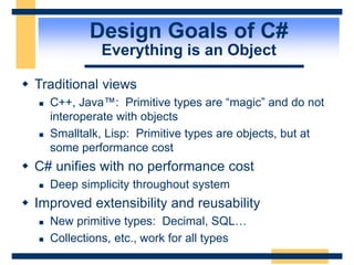 Design Goals of C#
Everything is an Object
 Traditional views
 C++, Java™: Primitive types are “magic” and do not
interoperate with objects
 Smalltalk, Lisp: Primitive types are objects, but at
some performance cost
 C# unifies with no performance cost
 Deep simplicity throughout system
 Improved extensibility and reusability
 New primitive types: Decimal, SQL…
 Collections, etc., work for all types
 