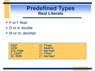 Predefined Types
Real Literals
 F or f: float
 D or d: double
 M or m: decimal
123f // Float
123D // Double
123.456m // Decimal
1.23e2f // Float
12.3E1M // Decimal
 