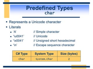 Predefined Types
char
 Represents a Unicode character
 Literals
 ‘A’ // Simple character
 ‘u0041’ // Unicode
 ‘x0041’ // Unsigned short hexadecimal
 ‘n’ // Escape sequence character
C# Type System Type Size (bytes)
Char System.Char 2
 