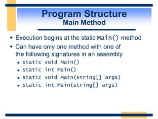 Program Structure
Main Method
 Execution begins at the static Main() method
 Can have only one method with one of
the following signatures in an assembly
 static void Main()
 static int Main()
 static void Main(string[] args)
 static int Main(string[] args)
 