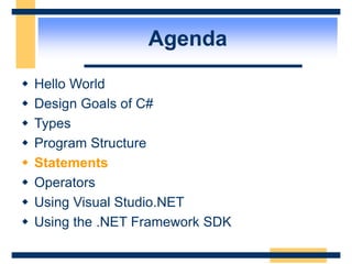 Agenda
 Hello World
 Design Goals of C#
 Types
 Program Structure
 Statements
 Operators
 Using Visual Studio.NET
 Using the .NET Framework SDK
 