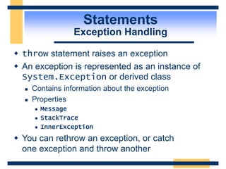Statements
Exception Handling
 throw statement raises an exception
 An exception is represented as an instance of
System.Exception or derived class
 Contains information about the exception
 Properties
 Message
 StackTrace
 InnerException
 You can rethrow an exception, or catch
one exception and throw another
 