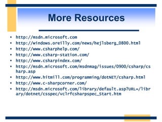 More Resources
 http://msdn.microsoft.com
 http://windows.oreilly.com/news/hejlsberg_0800.html
 http://www.csharphelp.com/
 http://www.csharp-station.com/
 http://www.csharpindex.com/
 http://msdn.microsoft.com/msdnmag/issues/0900/csharp/cs
harp.asp
 http://www.hitmill.com/programming/dotNET/csharp.html
 http://www.c-sharpcorner.com/
 http://msdn.microsoft.com/library/default.asp?URL=/libr
ary/dotnet/csspec/vclrfcsharpspec_Start.htm
 