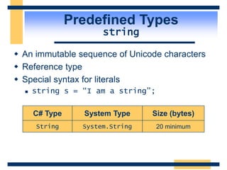 Predefined Types
string
 An immutable sequence of Unicode characters
 Reference type
 Special syntax for literals
 string s = “I am a string”;
C# Type System Type Size (bytes)
String System.String 20 minimum
 