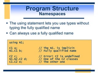 Program Structure
Namespaces
 The using statement lets you use types without
typing the fully qualified name
 Can always use a fully qualified name
using N1;
C1 a; // The N1. is implicit
N1.C1 b; // Fully qualified name
C2 c; // Error! C2 is undefined
N1.N2.C2 d; // One of the C2 classes
C1.C2 e; // The other one
 