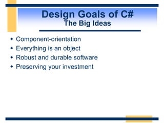 Design Goals of C#
The Big Ideas
 Component-orientation
 Everything is an object
 Robust and durable software
 Preserving your investment
 