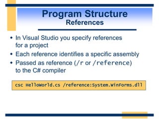 Program Structure
References
 In Visual Studio you specify references
for a project
 Each reference identifies a specific assembly
 Passed as reference (/r or /reference)
to the C# compiler
csc HelloWorld.cs /reference:System.WinForms.dll
 