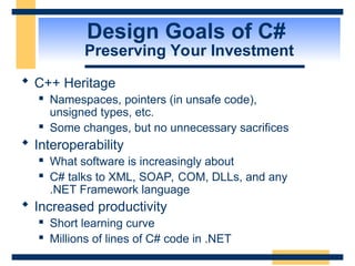 Design Goals of C#
Preserving Your Investment
 C++ Heritage
 Namespaces, pointers (in unsafe code),
unsigned types, etc.
 Some changes, but no unnecessary sacrifices
 Interoperability
 What software is increasingly about
 C# talks to XML, SOAP, COM, DLLs, and any
.NET Framework language
 Increased productivity
 Short learning curve
 Millions of lines of C# code in .NET
 