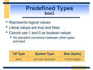 Predefined Types
bool
 Represents logical values
 Literal values are true and false
 Cannot use 1 and 0 as boolean values
 No standard conversion between other types
and bool
C# Type System Type Size (bytes)
bool System.Boolean 1 (2 for arrays)
 