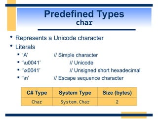 Predefined Types
char
 Represents a Unicode character
 Literals
 ‘A’ // Simple character
 ‘u0041’ // Unicode
 ‘x0041’ // Unsigned short hexadecimal
 ‘n’ // Escape sequence character
C# Type System Type Size (bytes)
Char System.Char 2
 