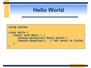 Hello World
using System;
class Hello {
static void Main( ) {
Console.WriteLine("Hello world");
Console.ReadLine(); // Hit enter to finish
}
}
 