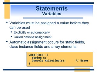 Statements
Variables
 Variables must be assigned a value before they
can be used
 Explicitly or automatically
 Called definite assignment
 Automatic assignment occurs for static fields,
class instance fields and array elements
void Foo() {
string s;
Console.WriteLine(s); // Error
}
 