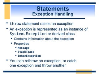 Statements
Exception Handling
 throw statement raises an exception
 An exception is represented as an instance of
System.Exception or derived class
 Contains information about the exception
 Properties
 Message
 StackTrace
 InnerException
 You can rethrow an exception, or catch
one exception and throw another
 