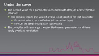Under the coverThe default value for a parameter is encoded with DefaultParameterValue attributeThe compiler inserts that value if a value is not specified for that parameterIf a default value is not specified we will use default (type)For COM the compiler will pass in Type.MissingThe compiler will rearrange the specified named parameters and then apply overload resolution