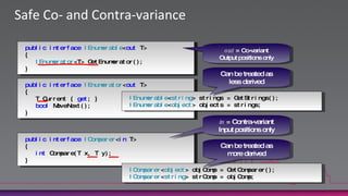 Safe Co- and Contra-variancepublicinterfaceIEnumerable<T>{IEnumerator<T> GetEnumerator();}publicinterfaceIEnumerable<out T>{IEnumerator<T> GetEnumerator();}out= Co-variantOutput positions onlyCan be treated asless derivedpublicinterfaceIEnumerator<T>{   T Current { get; }boolMoveNext();}publicinterfaceIEnumerator<out T>{   T Current { get; }boolMoveNext();}IEnumerable<string> strings = GetStrings();IEnumerable<object> objects = strings;in= Contra-variantInput positions onlypublicinterfaceIComparer<T>{int Compare(T x, T y);}publicinterfaceIComparer<in T>{int Compare(T x, T y);}Can be treated asmore derivedIComparer<object> objComp = GetComparer();IComparer<string> strComp = objComp;