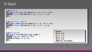  Quiz!classBase {    publicvirtualvoid Foo(int x = 4, int y = 5) {        Console.WriteLine("x:{0}, y:{1}", x, y);    }}classDerived : Base {    publicoverridevoid Foo(int y = 4, int x = 5) {        Console.WriteLine("x:{0}, y:{1}", x, y);    }}classProgram {    staticvoid Main(string[] args) {        Base b = newDerived();        b.Foo(x: 4, y: 5);    }}Output:x:4, y:5x:5, y:4x:4, y:4x:5, y:5None of the aboveOutput:x:4, y:5x:5, y:4x:4, y:4x:5, y:5None of the above
